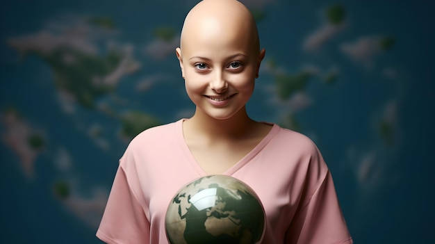 Sobreviviente del cáncer de mama mujer sin pelo con globo terrestre para el día mundial del cáncer post en las redes sociales