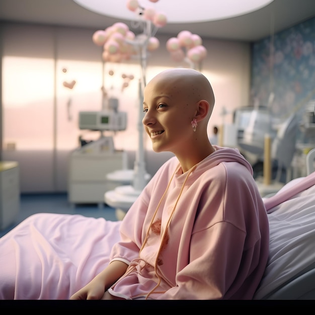 Sobreviviente de cáncer de mama mujer sin pelo en el hospital para el día mundial del cáncer post en las redes sociales