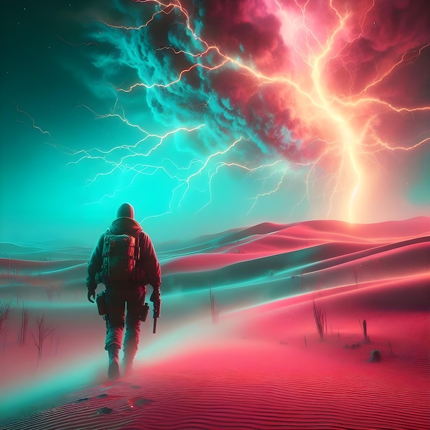 Los sobrevivientes caminan en un desierto de color azul oscuro con una enorme tormenta de arena.