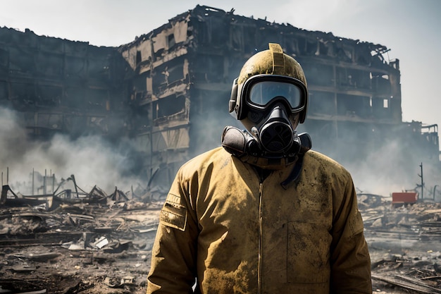 Sobrevivir en medio de las ruinas Capturando la resiliencia de un hombre con traje antirradiación después de un ataque nuclear