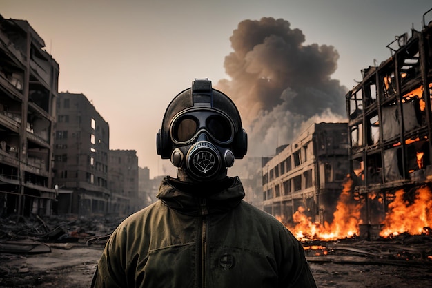 Sobrevivir en medio de las ruinas Capturando la resiliencia de un hombre con traje antirradiación después de un ataque nuclear