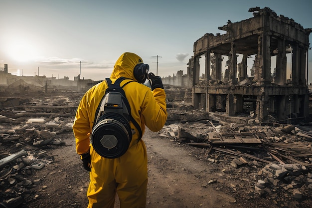 Sobrevivir en medio de las ruinas Capturando la resiliencia de un hombre con traje antirradiación después de un ataque nuclear