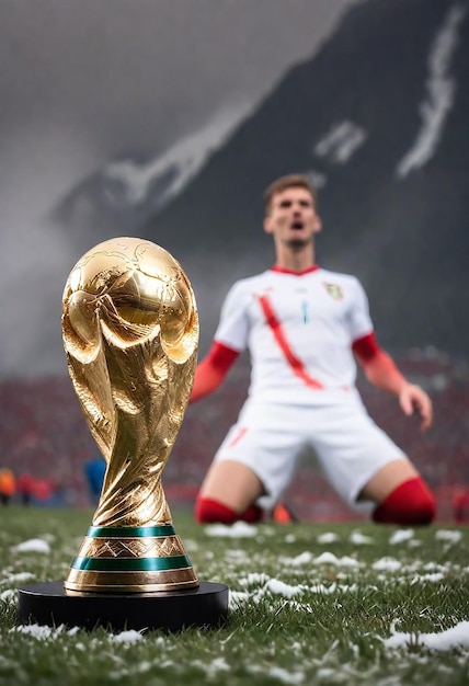 Foto a soccer player wearing a white and red uniform stands in front of a golden trophy