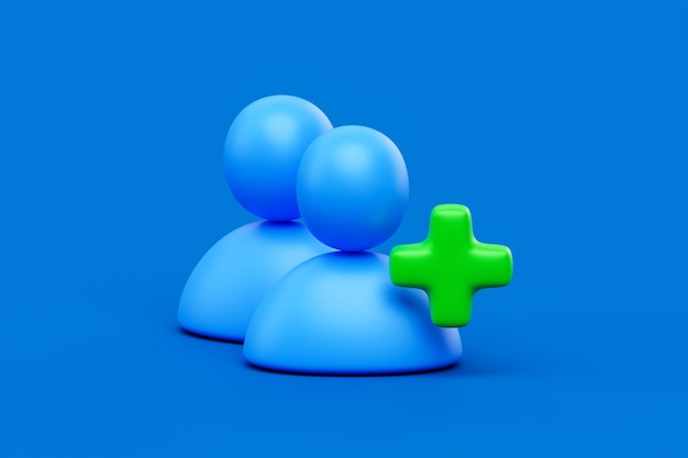 Social adicionar ícone 3d de contato de amigo em fundo azul de comunicação on-line com símbolo de avatar de membro de pessoa de usuário ou sinal de conta de perfil de comunidade de negócios e novo conceito de seguidor de conexão com a internet