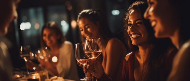 Foto social feliz e vinho de uma mulher com um copo de álcool em uma mesa de jantar com amigos em um