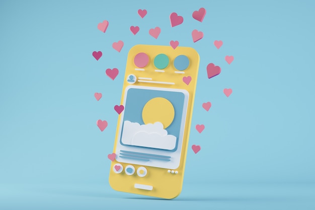 Social-Media-Cartoon-Telefon umgeben von Likes 3D-Rendering