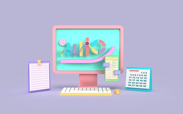 Social-Media-Computer-Digital-Marketing-Balkendiagramm-Konzept 3D-Rendering