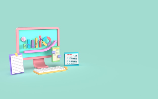 Social-Media-Computer-Digital-Marketing-Balkendiagramm-Konzept 3D-Rendering