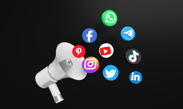 Social-Media-Icons und -Logos mit 3D-Megaphon für digitalen und Social-Media-Marketing-Hintergrund