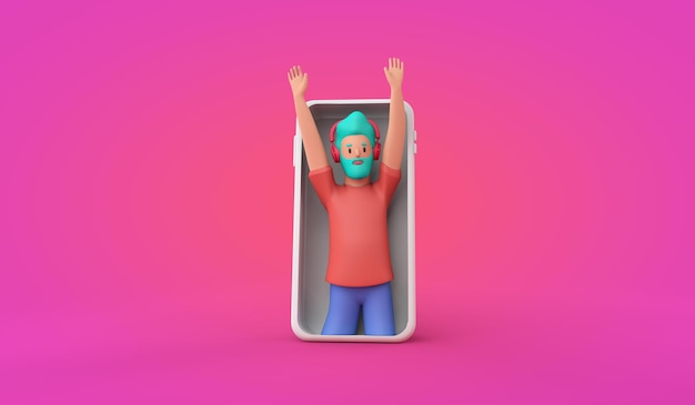 Social Media Influencer Zeichentrickfigur Person, die in einem Smartphone d Render steht