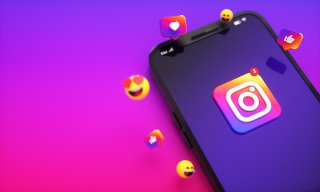 social media instagram symbole und logos auf dem handy-bildschirm 3d-hintergrund mit kopierraum für text