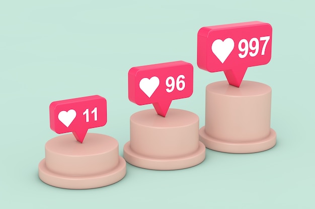 Social Media Network Love and Like Heart Icons auf Sockel, Bühne, Podium oder Säule auf grünem Hintergrund. 3D-Rendering