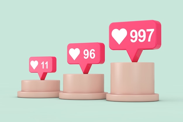 Social Media Network Love and Like Heart Icons auf Sockel, Bühne, Podium oder Säule auf grünem Hintergrund. 3D-Rendering