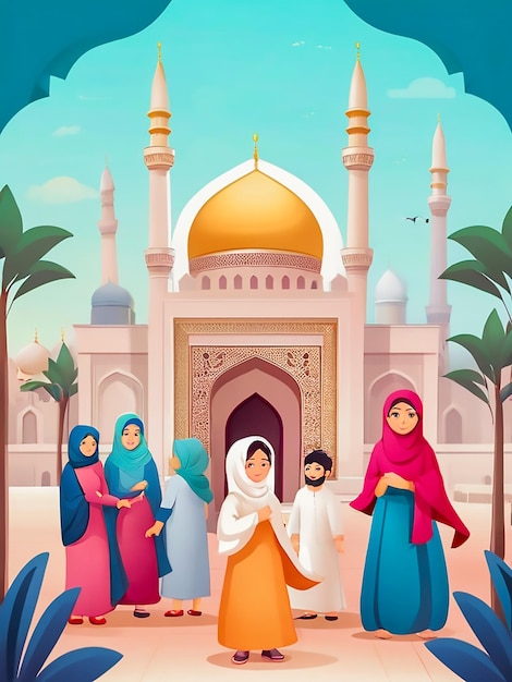 Social-Media-Post-Idee für den Eid-Fitr-Tag mit traditionellen muslimischen Menschen-Illustrationen