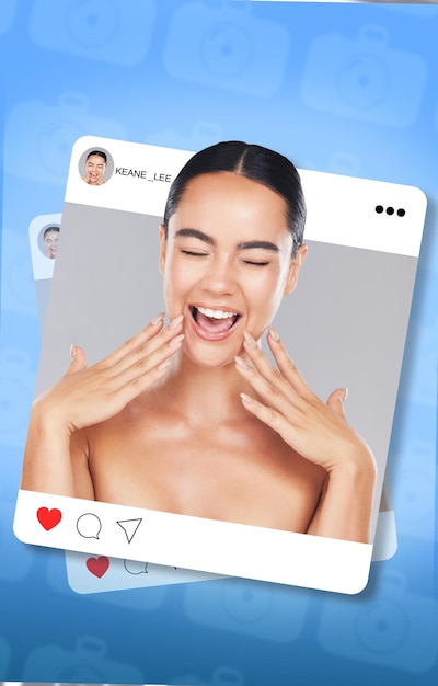 Social-Media-Post und Inhaltserstellung Schönheit und glückliche Frau mit Rahmendermatologie und aufgeregtem Influencer-App-Profilbild und Overlay mit Hautpflege-Kosmetikpflege und Fotoanzeige