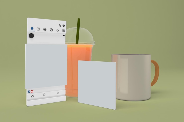Foto social media posts und kaffeetassen rechts im grünen hintergrund