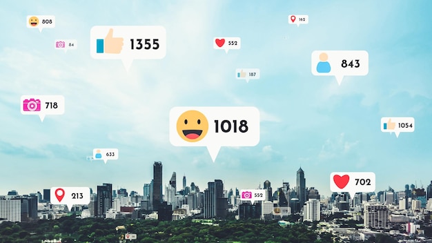 Social-Media-Symbole fliegen über die Innenstadt und zeigen die Reziprozitätsverbindung der Menschen