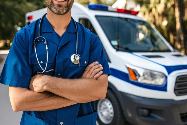 Foto socio paramédico médico dedicado en el lugar