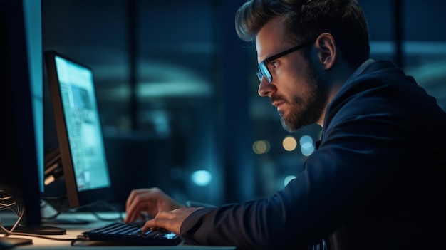 Foto sociólogo apasionado análisis de encuestas computadora luz suave