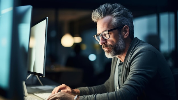 Foto sociólogo enfocado estudio de encuesta por computadora iluminación suave