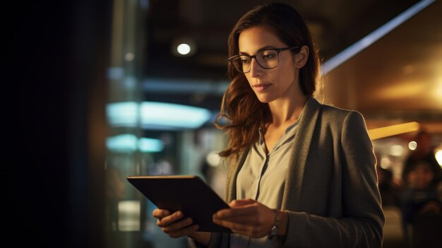 Foto el sociólogo examina los datos con una iluminación cálida y una mirada reflexiva.