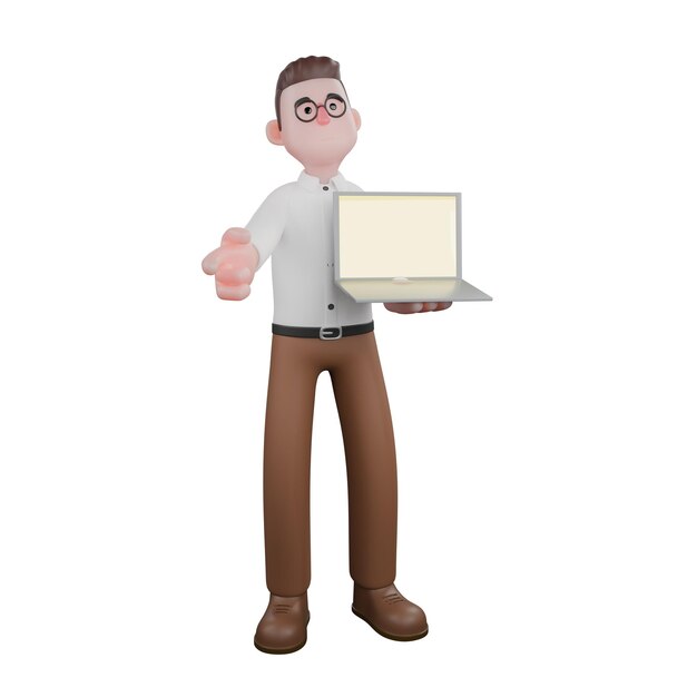 el sociólogo masculino está de pie con la mano apuntando a la pantalla de la computadora portátil y la mano derecha apuntando hacia adelante