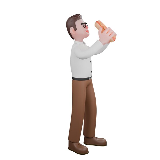 Un sociólogo masculino está de pie sosteniendo un perrito caliente con ambas manos 3D