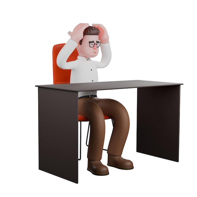 un sociólogo masculino está sentado en una silla con una mesa delante de él mientras sostiene la cabeza con ambas manos