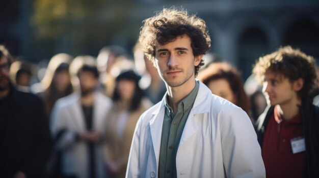 Foto sociólogo de principios de los años 20 abrigo de laboratorio grupo diverso luz de fondo