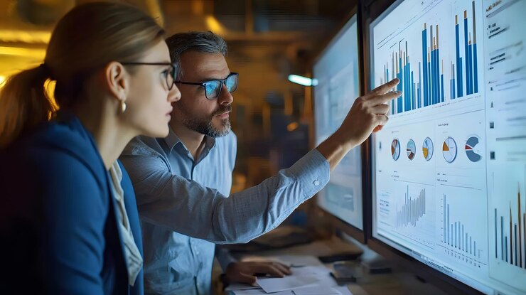 Socios comerciales discutiendo estrategias de mercado en un entorno centrado en la tecnología con gráficos y datos mostrados en pantallas