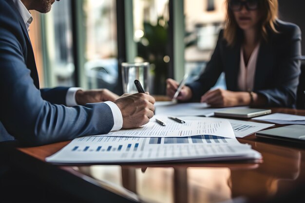 Los socios empresariales discuten ideas de proyectos y toman notas en una mesa de conferencia IA generativa