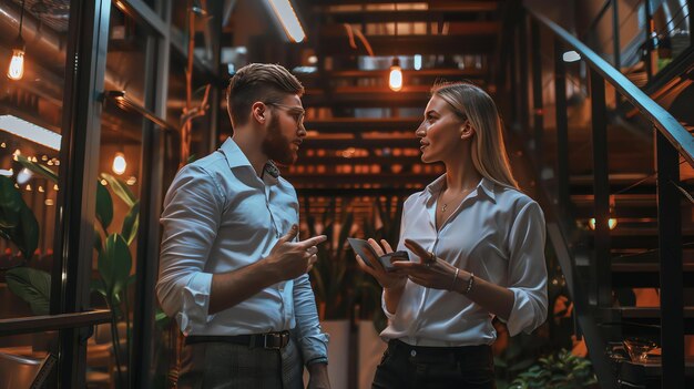 Socios de negocios confiados discutiendo el trabajo en una oficina moderna