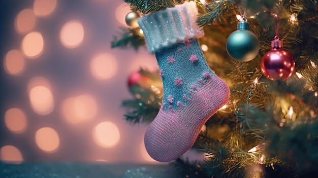 Socke hängt an der Innenseite eines Weihnachtsbaums Generative Ai