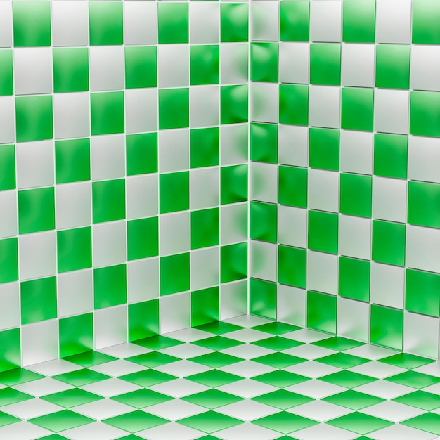 Foto sockel auf dem hintergrund des schachbrettmusters mit grünen und weißen fliesen 3d-rendering