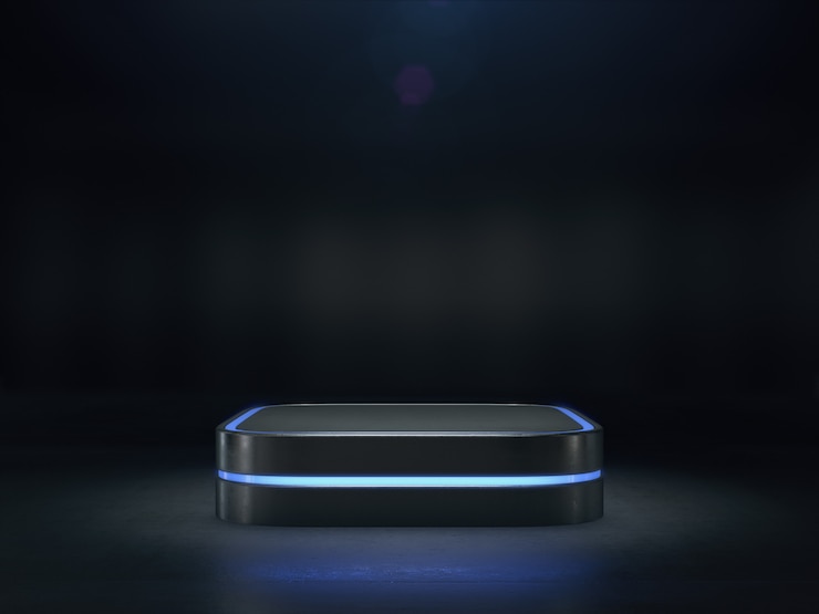 Foto sockel für display-hintergrund, plattform für design, leerer produktständer mit leichtem glühen. 3d-rendering.