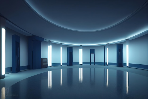 Sockel in einem dunkelblauen abstrakten Scifi-Raum, der von einer horizontalen Neonlampe beleuchtet wird