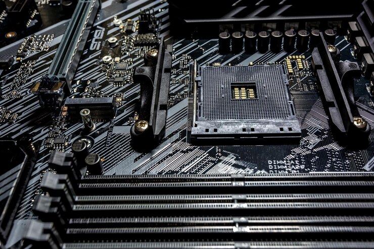 Foto socket am4 para procesador amd en placa base negra asus tuf gaming en el nuevo chipset b550