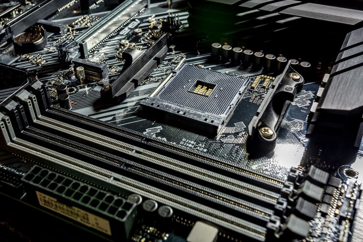 Foto socket am4 para procesador amd en placa base negra asus tuf gaming en el nuevo chipset b550