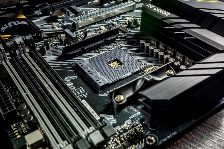 Foto socket am4 para procesador amd en placa base negra asus tuf gaming en el nuevo chipset b550