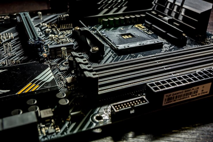 Foto socket am4 para procesador amd en placa base negra asus tuf gaming en el nuevo chipset b550