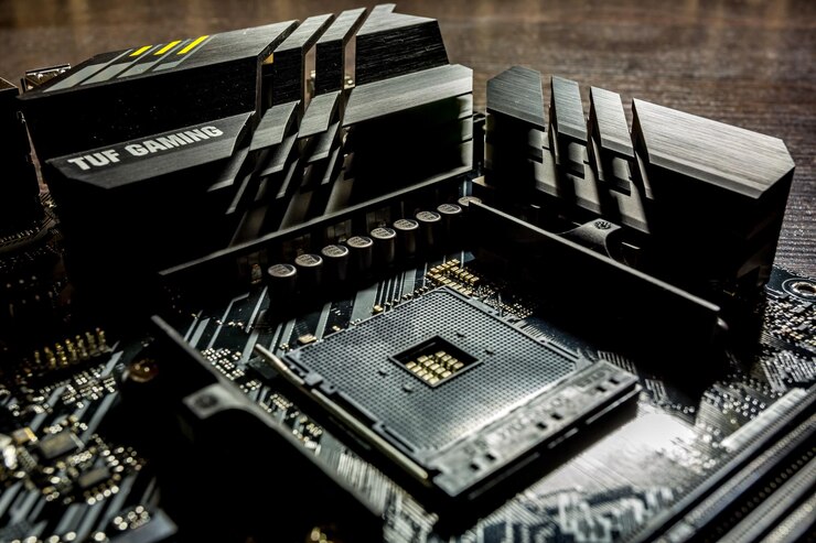 Foto socket am4 para procesador amd en placa base negra asus tuf gaming en el nuevo chipset b550