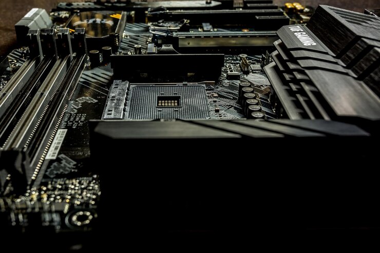Foto socket am4 para procesador amd en placa base negra asus tuf gaming en el nuevo chipset b550