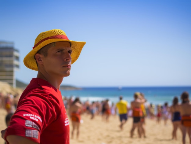 Foto un socorrista vigilando a los nadadores en una playa llena de gente