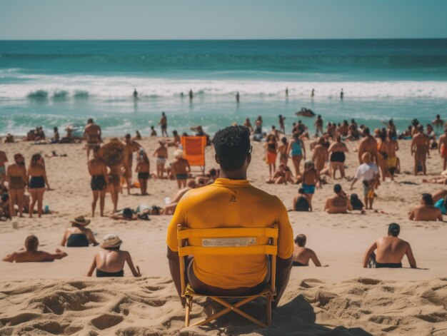 Foto un socorrista vigilando a los nadadores en una playa llena de gente