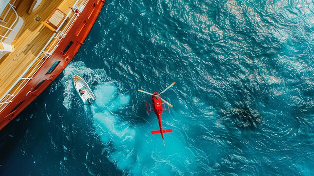 Los socorristas descienden de helicópteros en barcos en el mar azul AI generativa