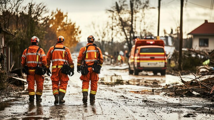 Los socorristas de emergencia se coordinan durante un desastre natural que simboliza la respuesta a una situación de crisis