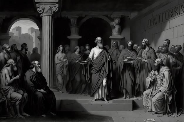 Sócrates de pie frente a un grupo de jueces y ciudadanos en el ágora