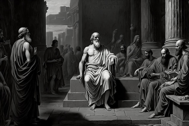 Sócrates de pie frente a un grupo de jueces y ciudadanos en el ágora