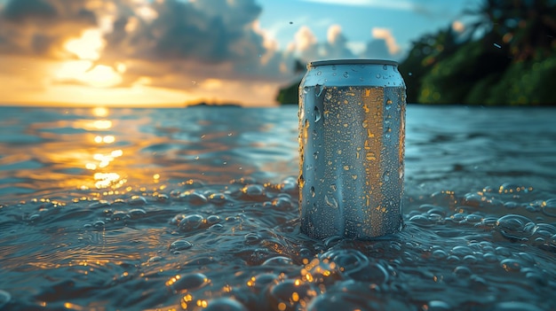 Foto la soda desechada puede contaminar el océano al atardecer