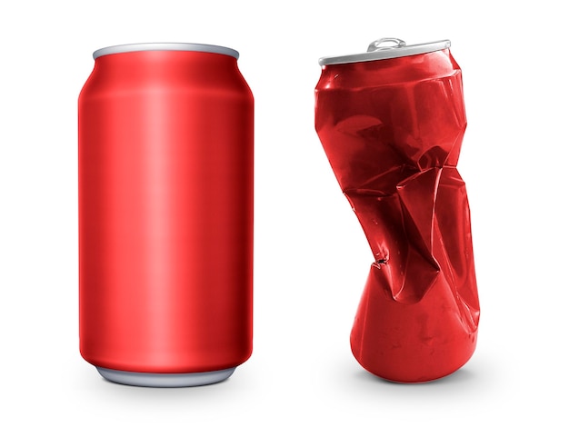 Soda em branco vazia amassada e lata de cerveja lixo A lata de lixo esmagada pode reciclar isolada em fundo branco